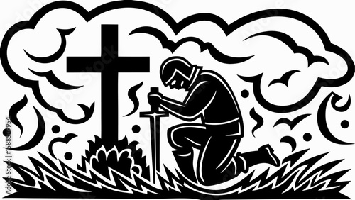 Illustration of a kneeling knight praying before a cross with sword in a decorative setting design silhouette