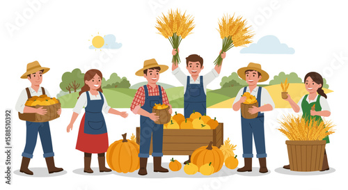 Happy Farmers Harvesting Crops on a Sunny Day.