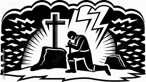 Silhouette of a kneeling figure before a cross with lightning and clouds in a monochrome illustration
