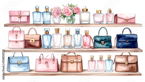 Watercolor illustration of handbags and perfumes on shelves