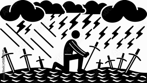 A person kneeling with a sword in a storm with graves and rain is depicted in black and white art silhouette