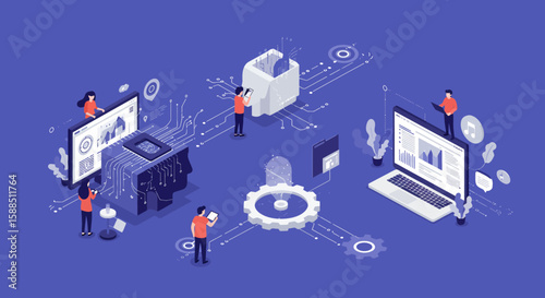 Isometric Illustration of Technology and People.