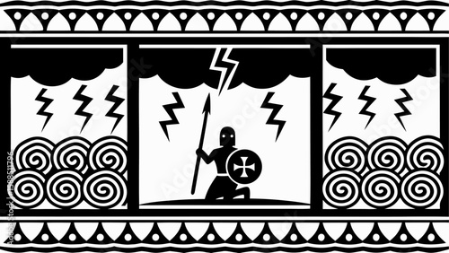 Black and white illustration of a warrior with spear and shield in a stormy weather with spiral waves silhouette