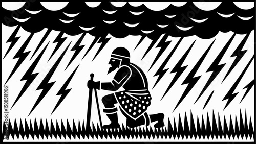 Illustration of a kneeling warrior with a staff in a storm with lightning and dark clouds overhead silhouette