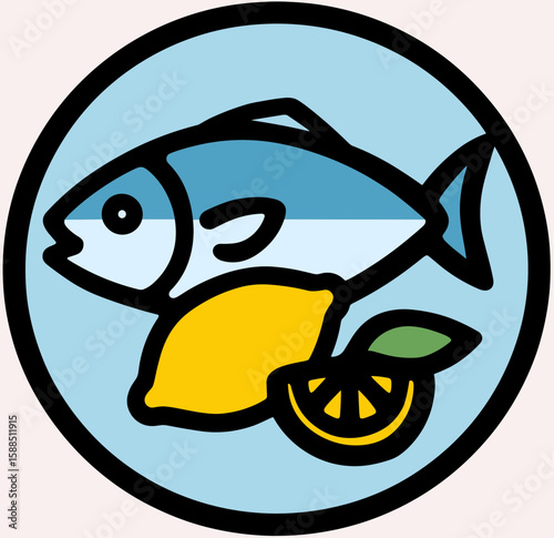 Stylized blue-hued fish with black outlines inside circular frame, featuring large black eye and streamlined body, paired with bright yellow lemon in whole and sliced form, juicy interior