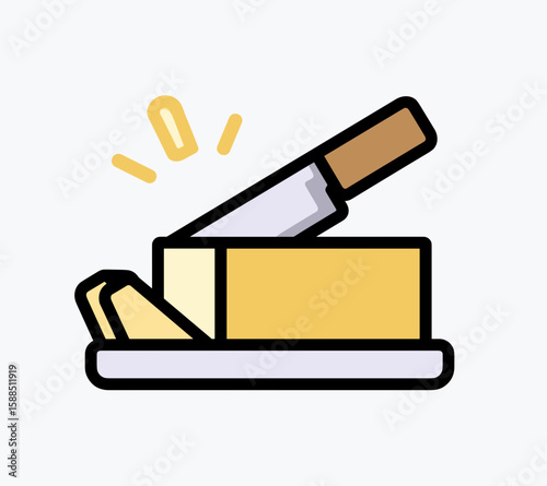Knife with brown handle cutting into yellow butter block on light-colored plate, sliced pieces scattered, shiny blade with yellow lines, simple white background.