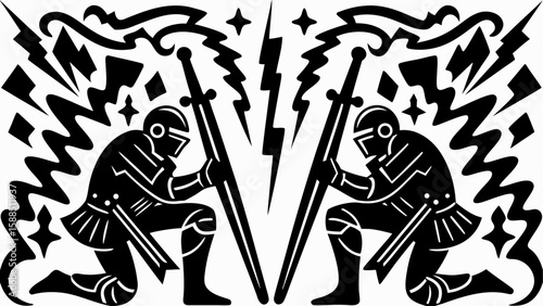Two knights kneeling with swords facing each other surrounded by stars and lightning bolts design silhouette