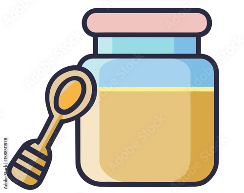 Colorful icon-style illustration of a golden-yellow honey jar with blue glass body, pink lid, and adjacent striped honey dipper on plain white background.