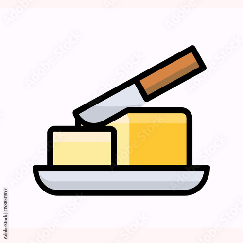 Flat-style illustration of a rich yellow butter stick on a light-gray plate with a diagonal brown-handled knife, outlined in black on white background.