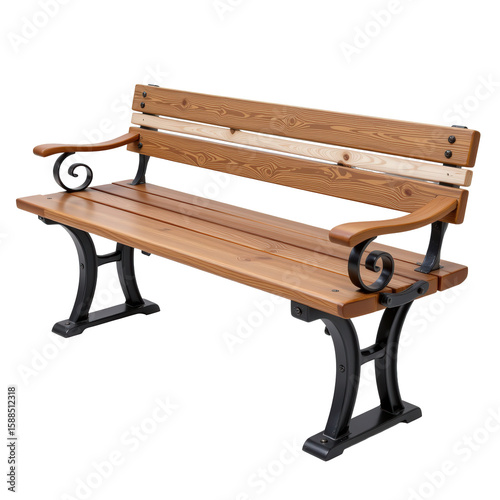 Elegant Wooden Park Bench with Metal Legs and Curved Armrests