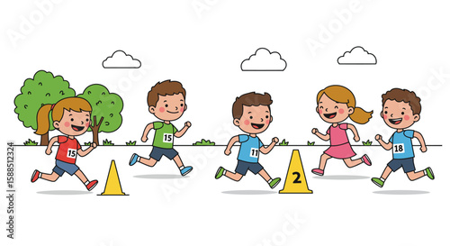 Children Running Race in Park.