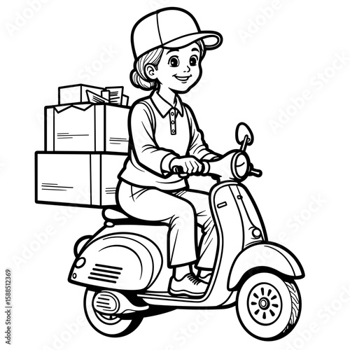 Elderly delivery worker riding scooter with packages – logistics service, community assistance