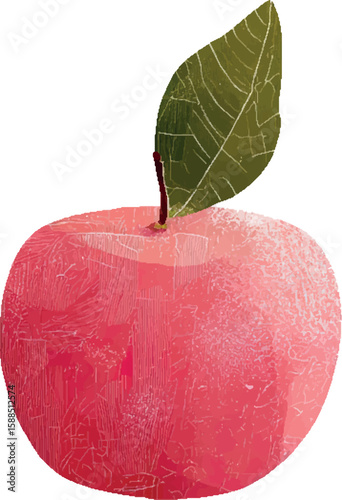 Apple with green leaf and textured surface. Simple vector illustration of fresh fruit.