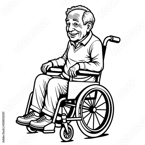 Elderly man in wheelchair smiling – Senior care, disability support