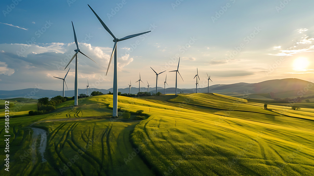 Obraz premium Wind turbines on the green field