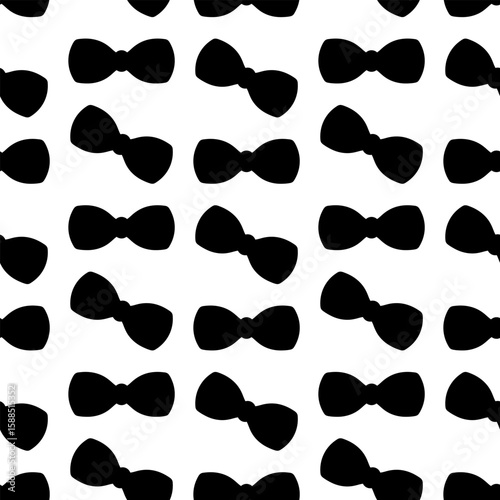 Bow. Chaotically scattered bows. Silhouette. Endless vector pattern. Seamless ornament of cute bow ties. Isolated colorless background. Idea for web design.