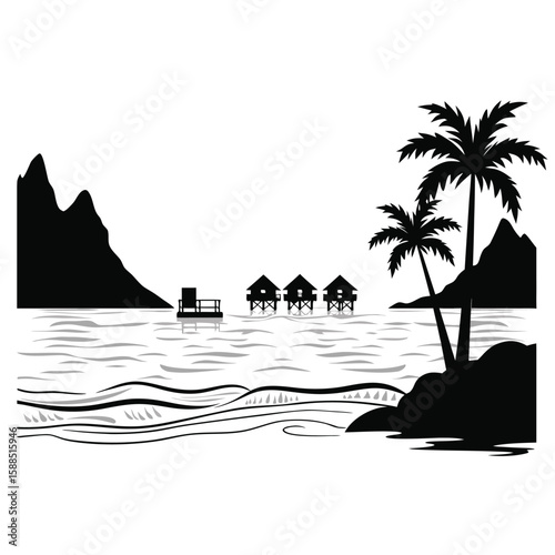 Tropical island bungalows and palm trees by the ocean water