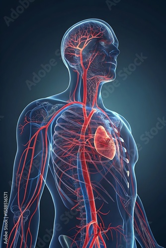 Human Body Anatomy with Heart and Blood Vessels Medical Illustration Showing Circulatory System and Cardiovascular Health X Ray Style Visualization