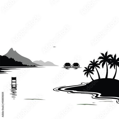 Tropical island paradise with overwater bungalows and palm trees ocean