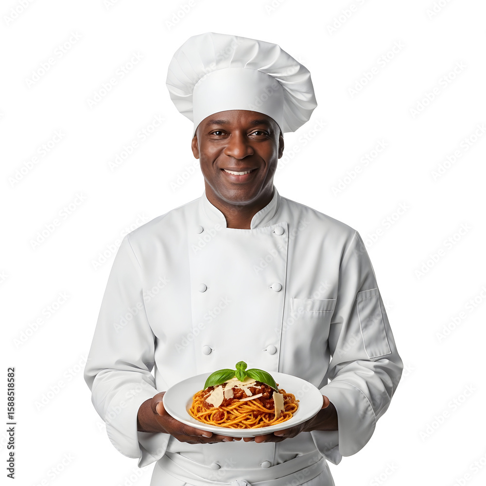 Smiling African chef presents delicious spaghetti dish against a dark backdrop, transparent background Smiling African chef presents delicious spaghetti dish against a dark backdrop, transparent background