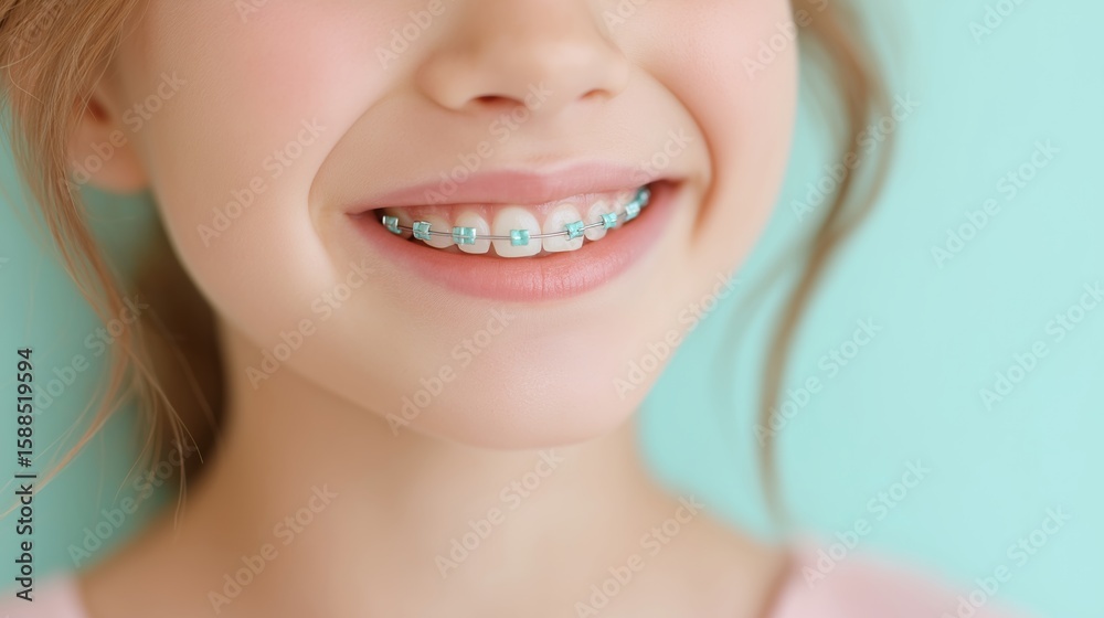 Obraz premium Close-up of a 10-year-old girl’s face with braces on her teeth, straight teeth using orthodontic technologies. Advertising dentistry, orthodontic services