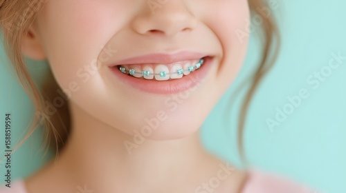 Close-up of a 10-year-old girl’s face with braces on her teeth, straight teeth using orthodontic technologies. Advertising dentistry, orthodontic services