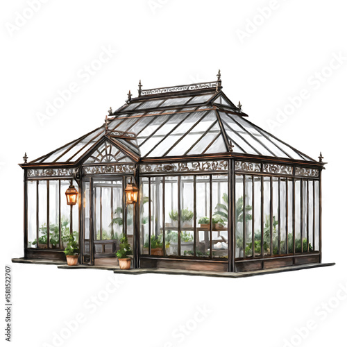 Detailed watercolor illustration of a greenhouse on transparent background
