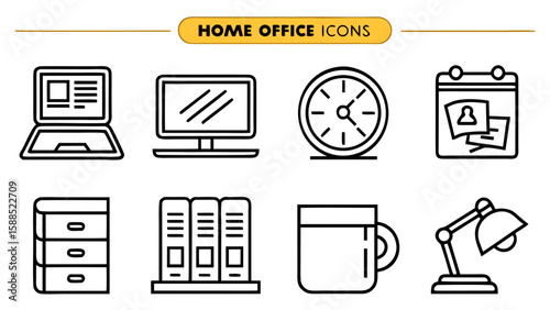 Minimalist home office outline icons showing laptop, monitor, calendar, desk lamp, mug, clock, file cabinet and binders