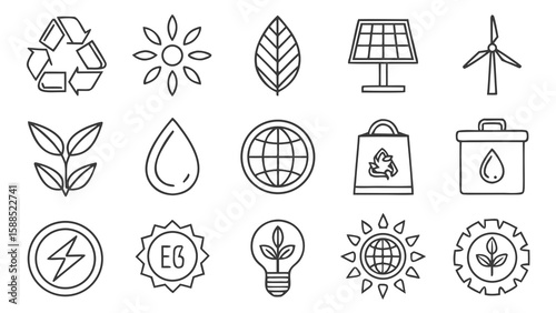Fresh ecological graphics collection displaying renewable energy and environmental conservation for sustainable living resources.
