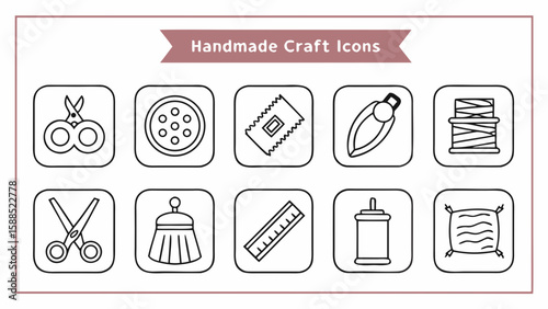 Collection of handmade crafts items in simple line art style for creative projects, textile design, sewing, or DIY hobbies.