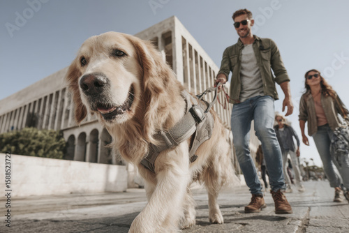 service dog is assisting person with disabilities in navigating busy urban environment
