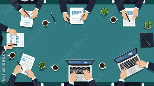 Overhead vector illustration of a business meeting with hands on laptops, documents, and coffee; ideal for corporate websites, presentations, and broc