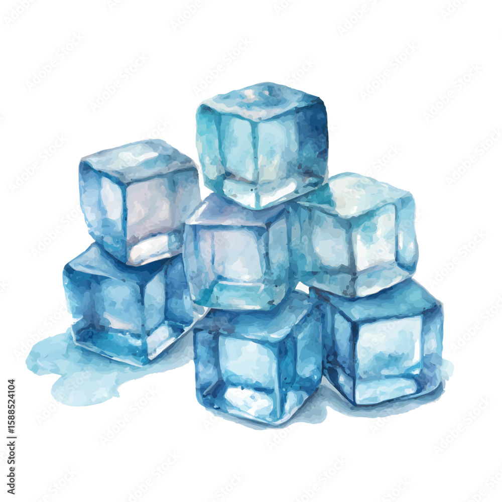 Watercolor illustration of ice cubes stacked together on transparent background png vector Watercolor illustration of ice cubes stacked together on transparent background png vector