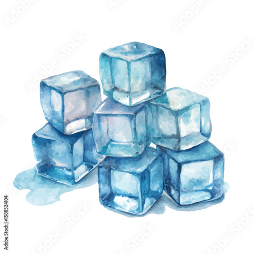 Watercolor illustration of ice cubes stacked together on transparent background png vector