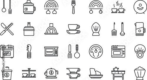 A collection of kitchen related icons including utensils appliances and various food preparation items