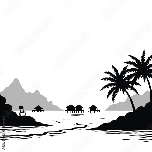 Tropical island scene with overwater bungalows and palm trees beach ocean
