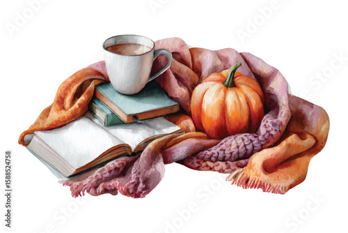 Watercolor autumn still life pumpkin and warmth on transparent background png vector