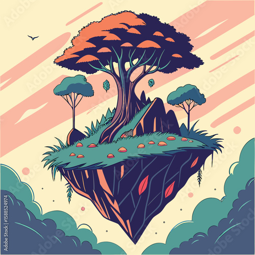 Floating island landscape with vibrant foliage and a solitary bird fantasy nature