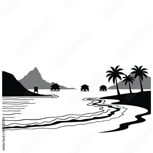 Tropical island scene with overwater bungalows and palm trees beach ocean