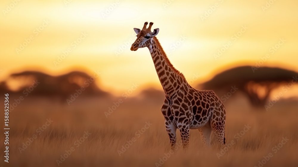 Obraz premium Giraffe standing gracefully in golden grasslands at sunset in an African savanna with acacia trees in the background