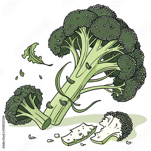 Fresh green broccoli florets and stalks with leaves vector
