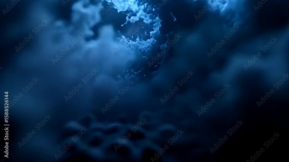 Dramatic shifts in color and form paint a striking tableau of dancing particles trapped in noise hazy abstract loop as darker hues clash brilliantly with bright highlights, with the camera