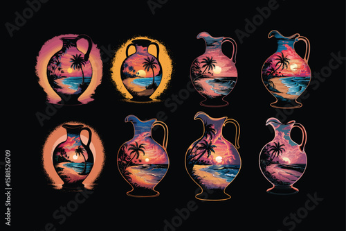 Tropical beach sunset scene in amphora vases vector