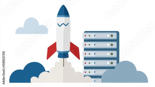 A rocket launches next to a server stack surrounded by clouds, symbolizing cloud computing and technology growth.