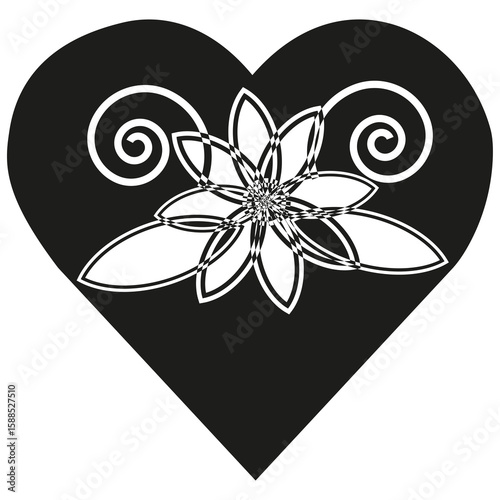 Orchid heart icon. Exotic love symbol. Black floral design. Vector illustration.
