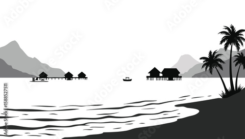 Tropical island scene with overwater bungalows and palm trees ocean