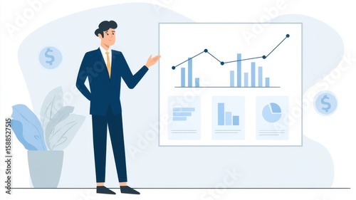 A businessman in a suit presents financial data with charts and graphs on a board, highlighting growth and analysis.