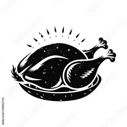 Roasted fowl on platter black and white silhouette