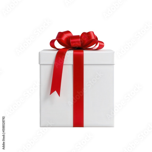 Elegant white gift box with red ribbon and bow on a transparent background