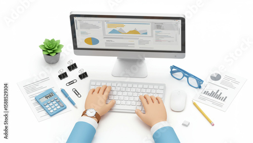 3D cartoon hands typing, analyzing business data on screen, with office essentials on white. Ideal for corporate, finance sites, presentations, market